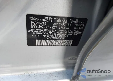 2012 Hyundai Elantra Gls (Ulsan Plant) из США, поврежденный, VIN KMHDH4AE2CU475640